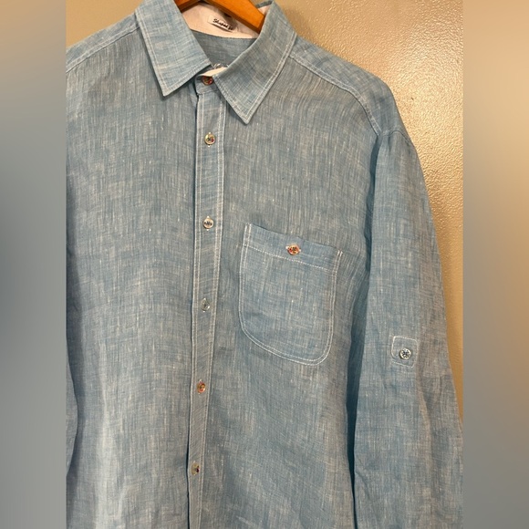 Bugatchi Shaped Fit 100% Linen Light Blue Button-Up Shirt Roll Top Sleeves M - Picture 3 of 13